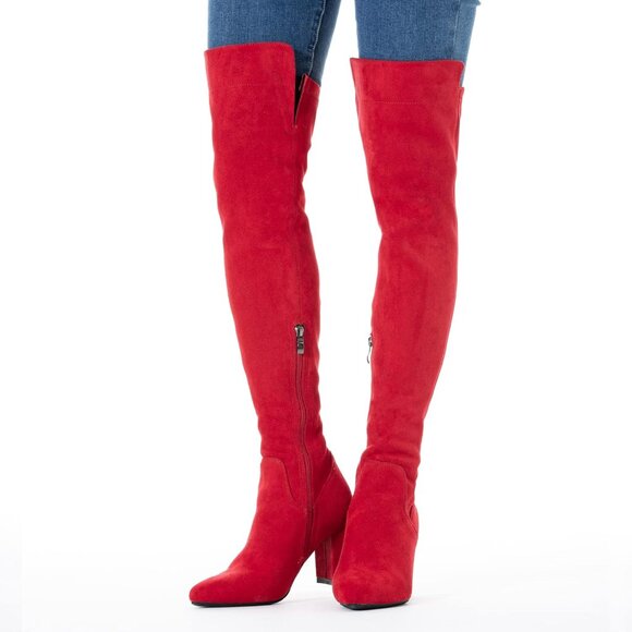 Women Red/3 Inch Heel Faux Suede Over The Knee Thigh High Low Block Heel Boot - Picture 4 of 5